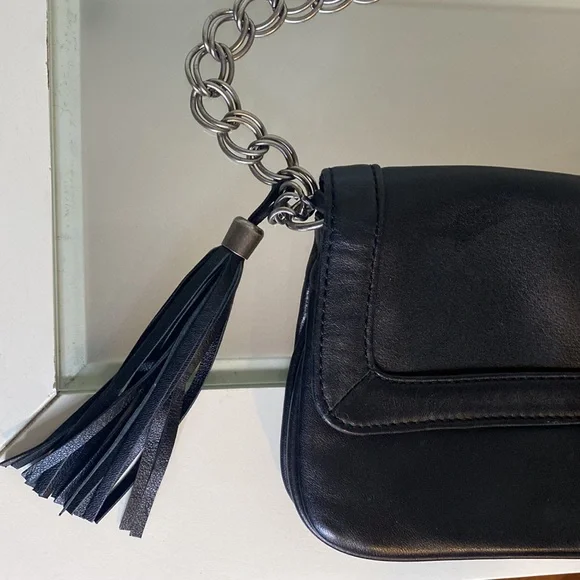 Express Black Genuine Leather Chain Tassel Shoulder Purse - Picture 11 of 15